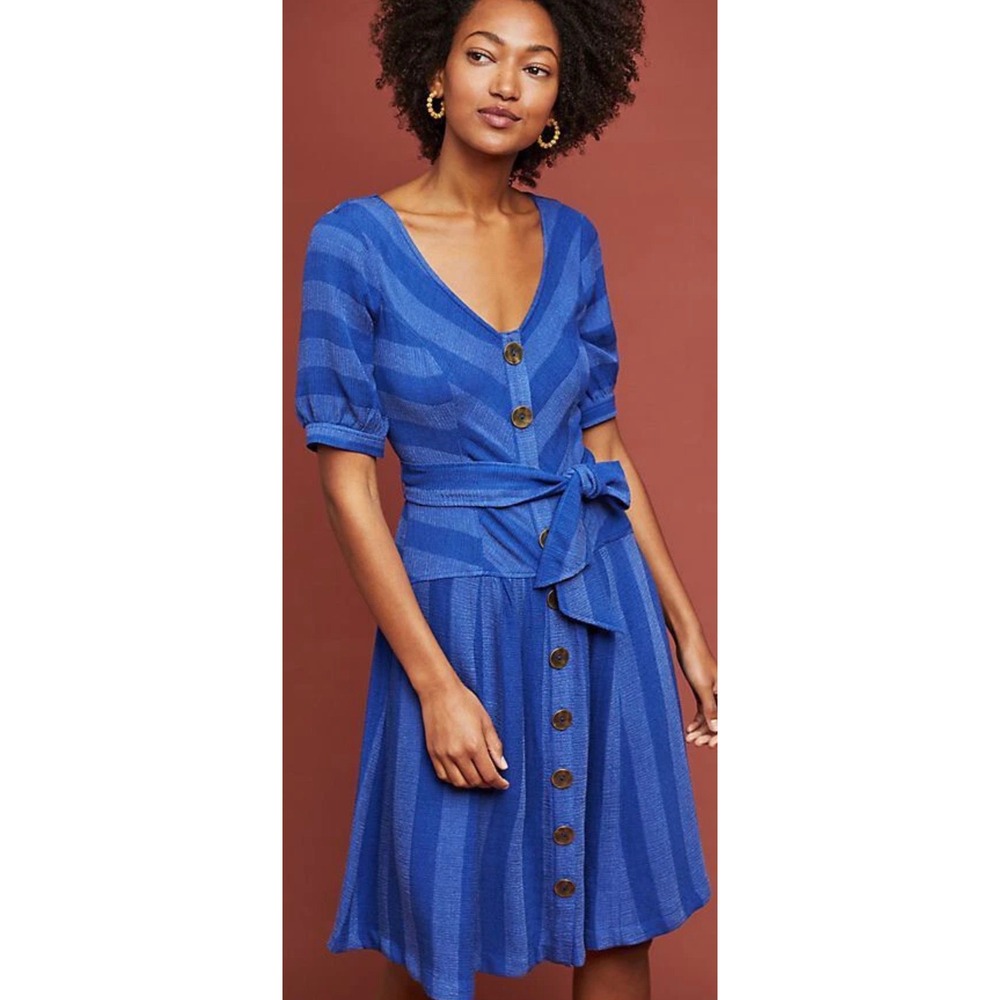 Maeve Anthropologie Blue Striped Button Down Midi Dress V-Neck Tie Waist Size 4